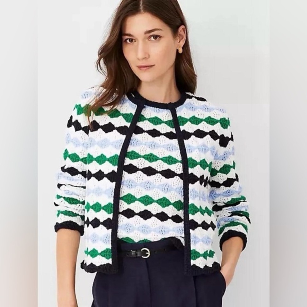 NWT! Women's Ann Taylor Chunky‎ Knit Geometric Striped Cardigan Medium Textured